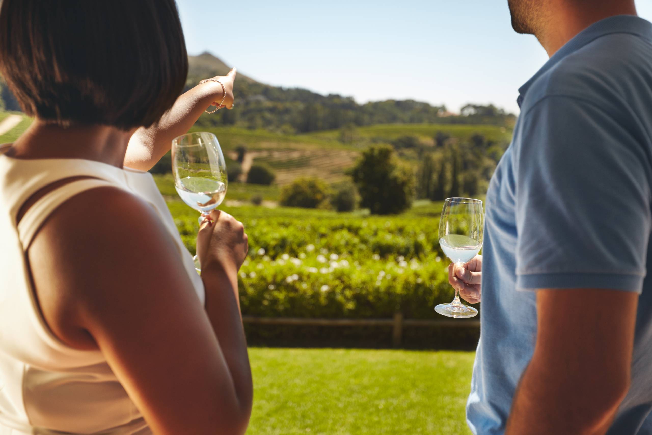 Young couple on vacation holding a glass of wine, with woman pointing away at vineyard, showing something to her boyfriend.